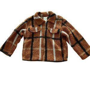 Stoosh Brown Plaid Teddy Jacket Shacket Women’s Size Large Cozy Warm Cropped